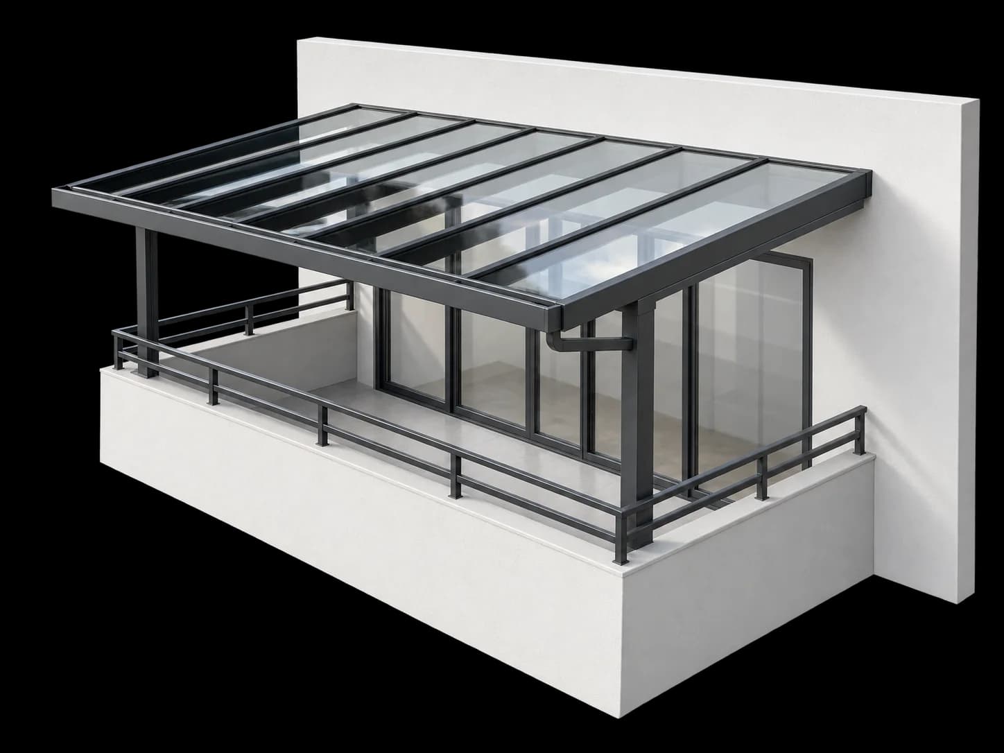 Aluminium-Balkonüberdachung mit Dachüberstand und offenem Geländer
