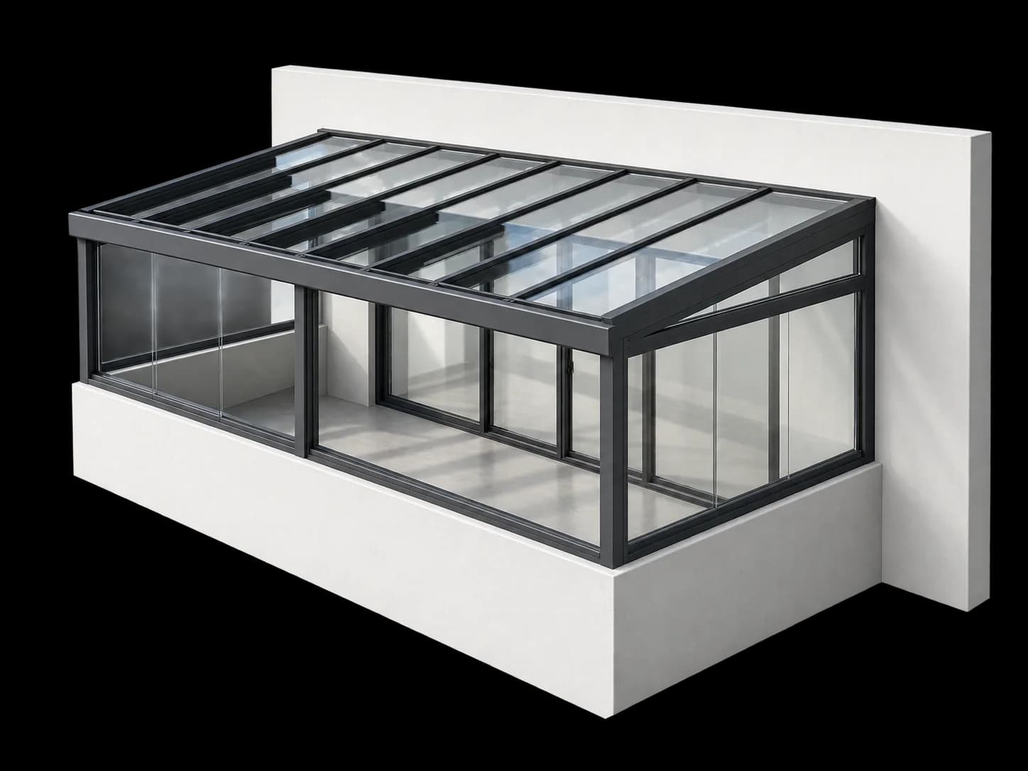 Aluminium-Balkonüberdachung mit zusätzlichen seitlichen Glasflächen