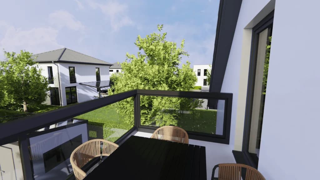 Aluminiumgeländer mit fest eingefasster Glasfüllung an einem Balkon
