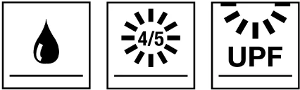 Stoffkennzeichnung: Wassertropfen, Sonnensymbol mit 4/5 und UPF