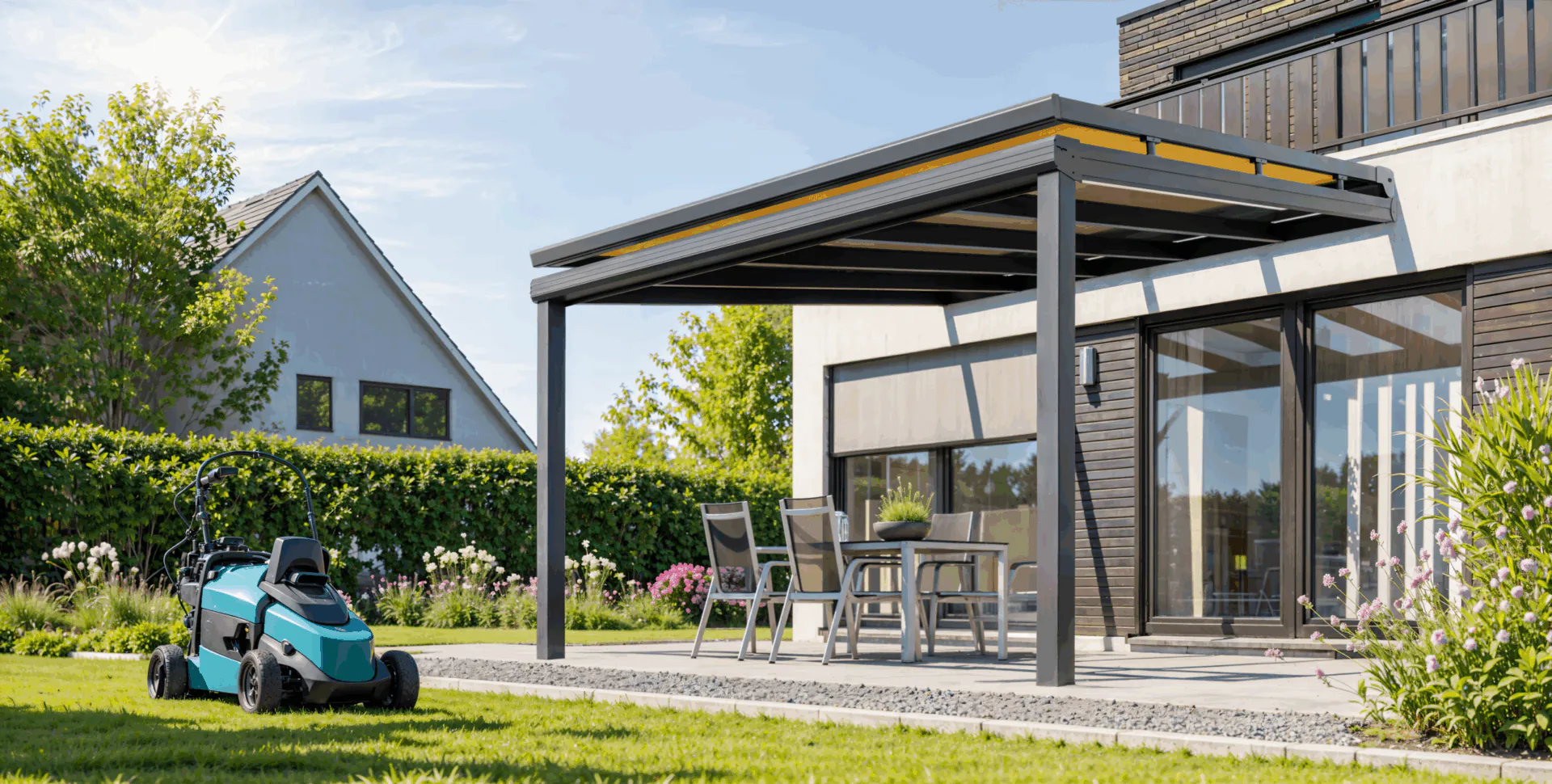 Linea Aufdachmarkise auf einer Terrassenüberdachung